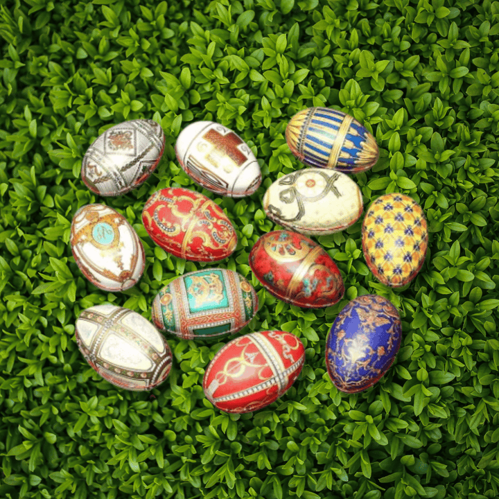 Lyxigt påskägg i Fabergémönster fyllt med praliner Svenska Kakao