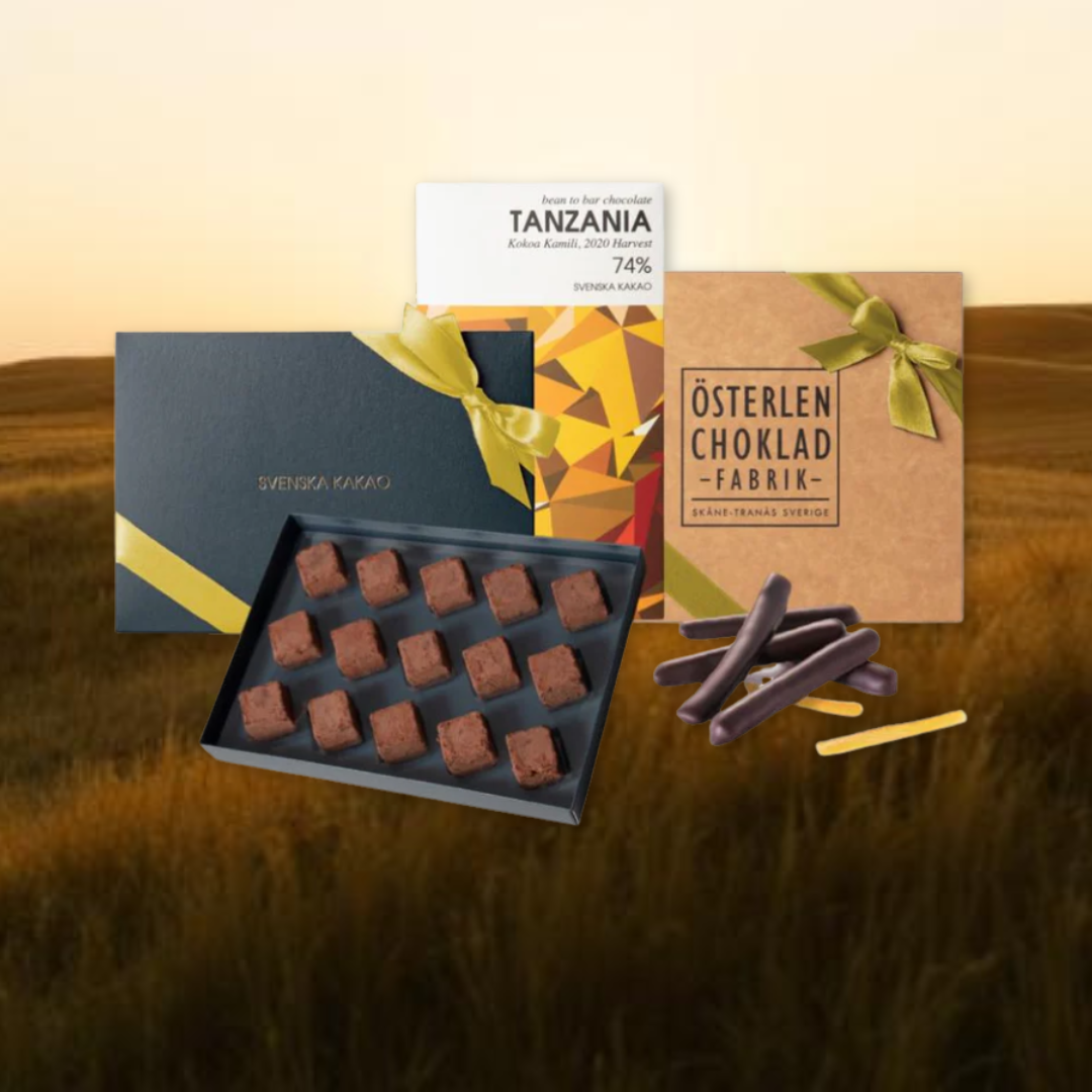 Gourmetgåva - presentpaket med choklad, nougat och syltade apelsinskal Svenska Kakao